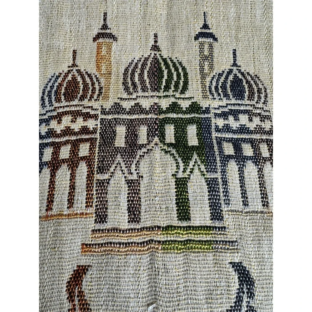 Vintage Woven Tapestry Table Runner Mosque Architecture Floral Fringed Cream